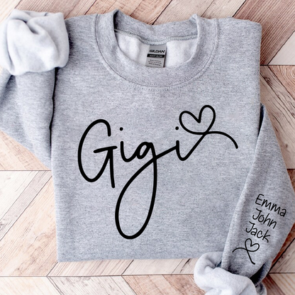 Custom Gigi Sweatshirt, Elegant Script Heart Design Personalized Names