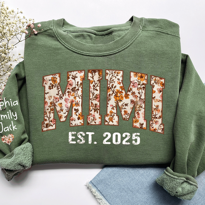 Personalized Fall Grandma, Fall Floral Sweatshirt with Name on Sleeve, Grandma Gift