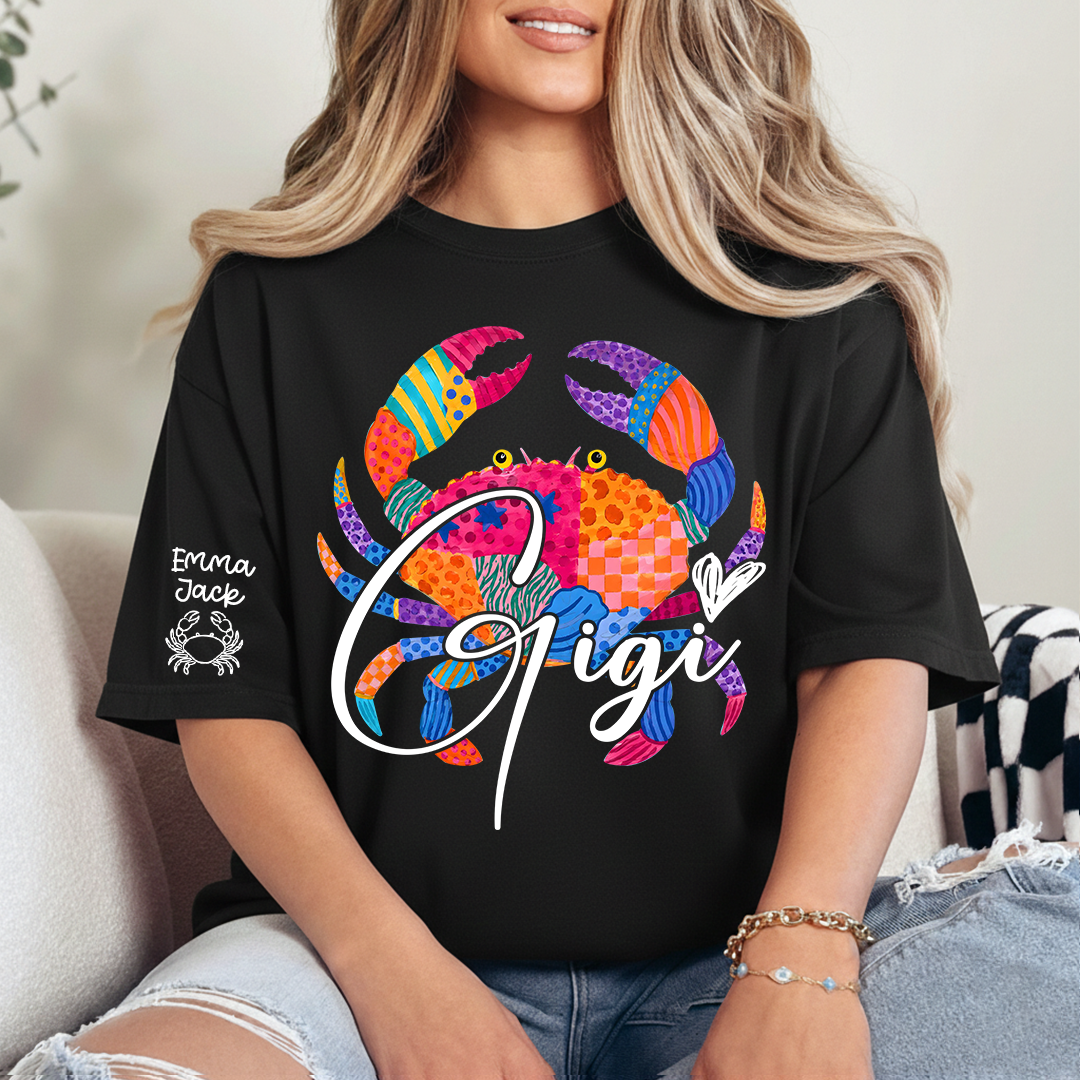 Personalized Coastal Grandma Shirt, Custom Grandkids Names Tee, Colorful Crab Beach Design, Gift for Grandma from Family
