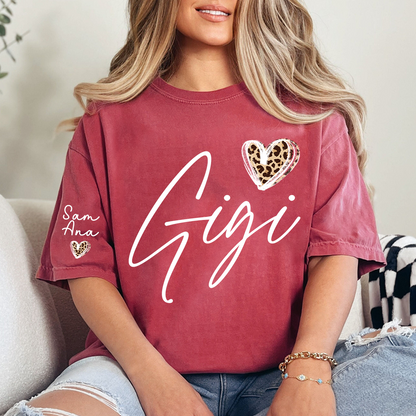 Personalized Gigi Heart Leopard Print T-shirts Custom Family T-Shirt with Heart Shape and Name