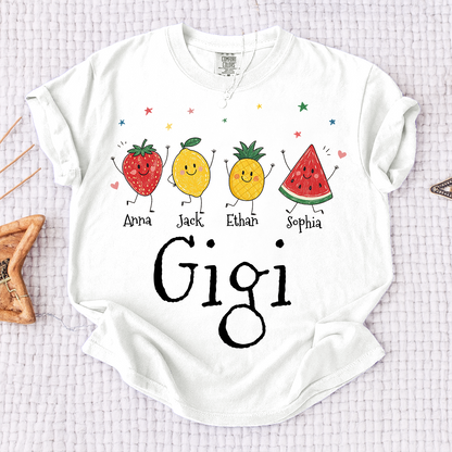 Comfort Colors® Personalized Gigi Shirt with Grandkids Names, Cute Fruit Family Grandma Tee, Custom Gigi Gift from Grandchildren, Summer Family Shirt