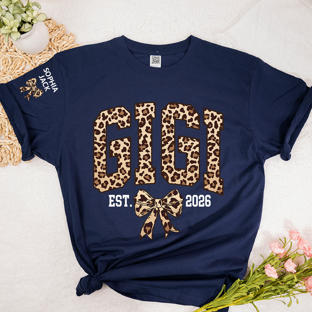 Custom Leopard Gigi, Personalized Heart T-shirt For Grandma And Kids