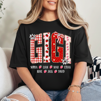 Gigi Personalized Grandma T-Shirt With Strawberry And Flower Motifs, Bearing Her Grandchildren's Names