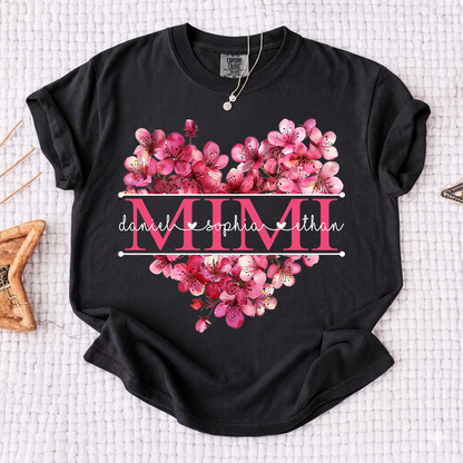 Comfort Personalized Mimi Shirt with Grandkids Names, Pink Floral Heart Family T Shirt