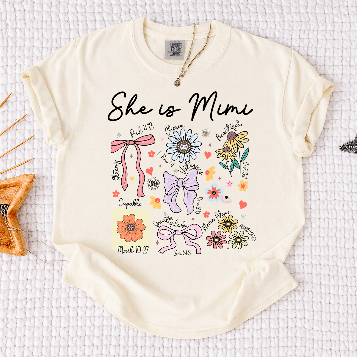 Comfort Colors Personalized Mimi Shirt She Is Mimi Quote with Floral Timeline Family Tee