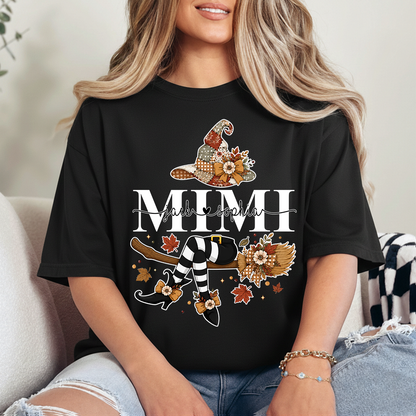 Personalized Mimi Witch Halloween Shirt, Fall Pumpkin Grandma Tee, Custom Grandkids Names T Shirt, Cute Autumn Gift for Mimi