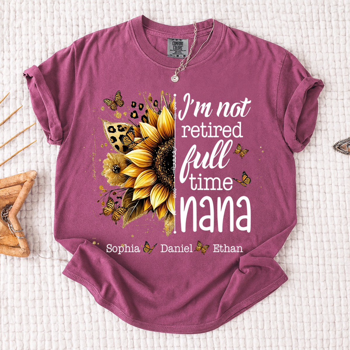 Comfort Colors Mimi Sunflower T-Shirt Personalized, I’m Not Retired Full Time Mimi with Custom Family Names