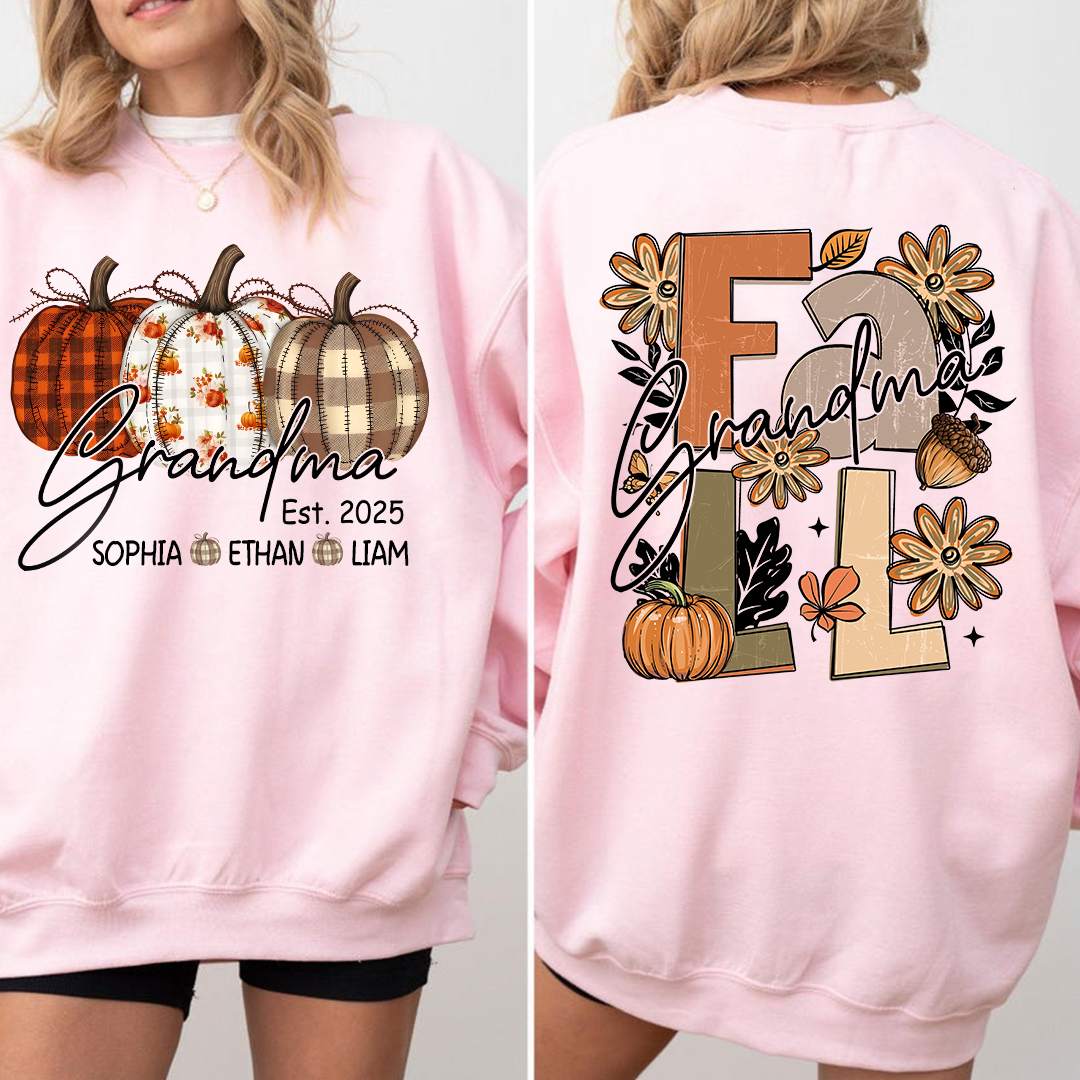 Grandma Autumn Sweatshirt, Pumpkin Floral Shirt with Custom Grandkids Names