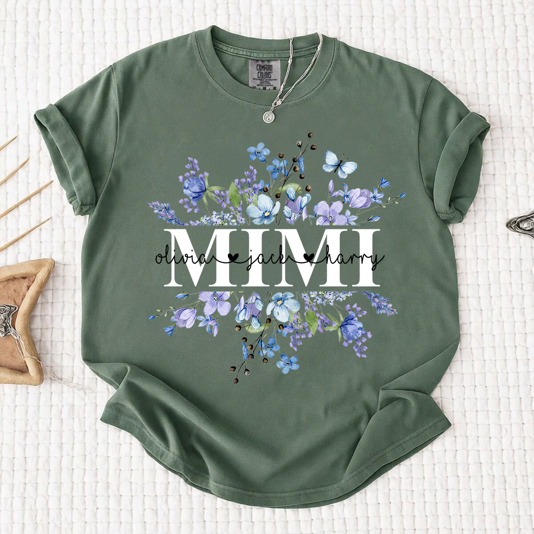 Comfort Colors Personalized Mimi Shirt Blue Wildflower Design Custom Grandma Nana Gigi Name Tee with Grandkids Names Elegant Family Outfit for Women