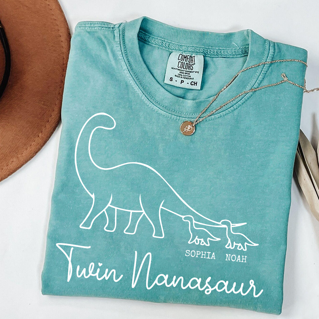 Comfort Colors® Twin Nanasaur Shirt, Personalized Dinosaur Grandma Tee, Custom Grandkids Names T Shirt, Fun Dino Grandma Gift