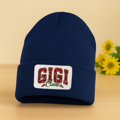 Personalized Gigi Claus Christmas Beanie, Custom Name Patch Knit Hat for Grandma, Holiday Gift for Gigi, Embroidered Winter Hat
