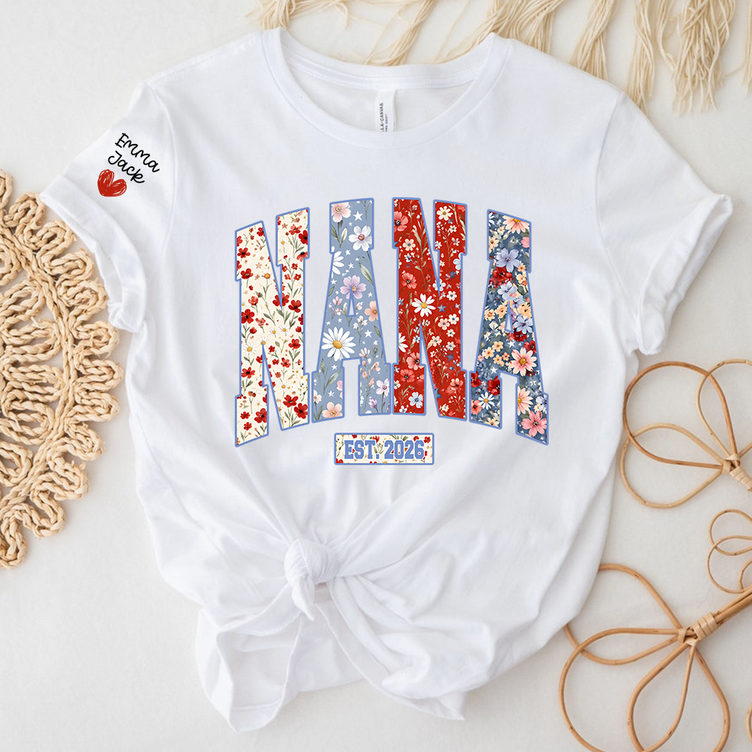 Personalized Nana 4th July Independence Day American, Floral American FlagT-Shirt, Patriotic Gift For Grandma And Kids