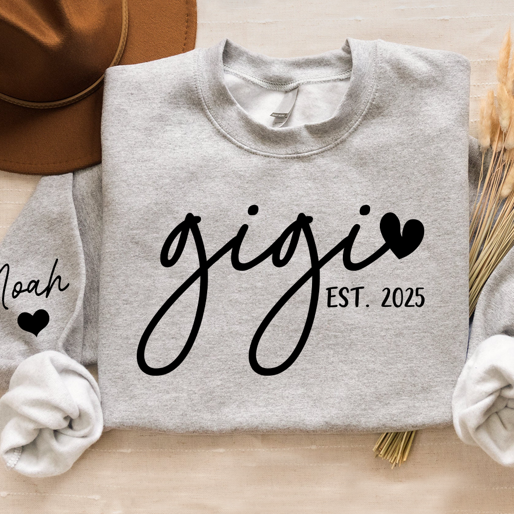 Personalized Gigi Sweatshirt, Custom Printed Name and Grandkids’ Names on Sleeve with Heart