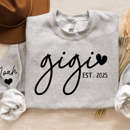 Personalized Gigi Sweatshirt, Custom Printed Name and Grandkids’ Names on Sleeve with Heart