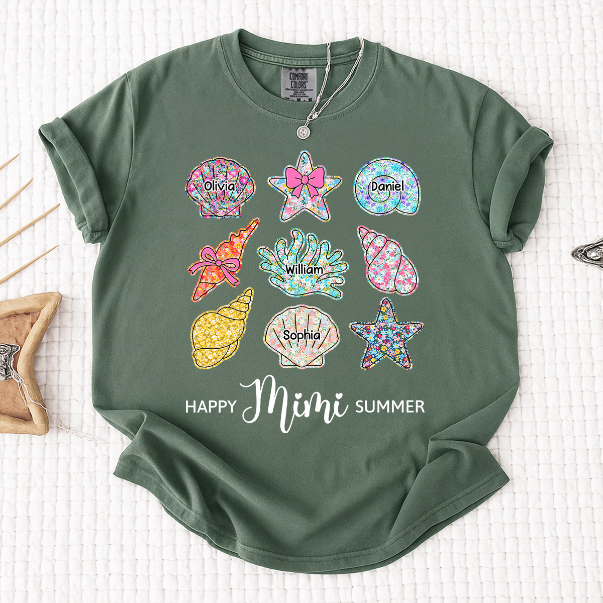 Comfort Colors Personalized Mimi Summer Beach Shirt with Grandkids Names, Custom Grandma Seashell Starfish T Shirt for Women