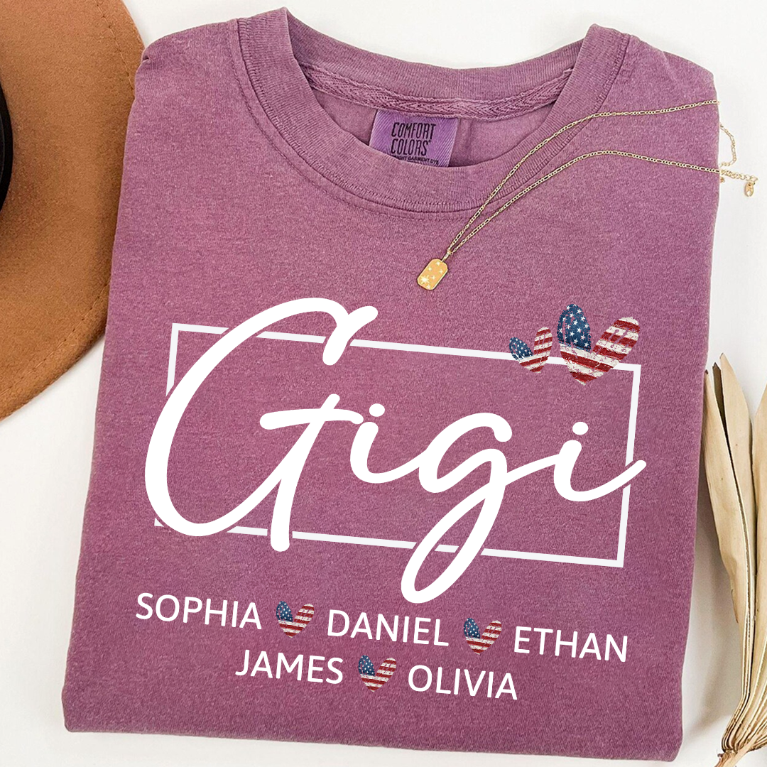 Comfort Colors Personalized Gigi Shirt with Children Names USA Flag Heart Graphic Custom Grandma Tee Stylish Script Design Family Gift Shirt