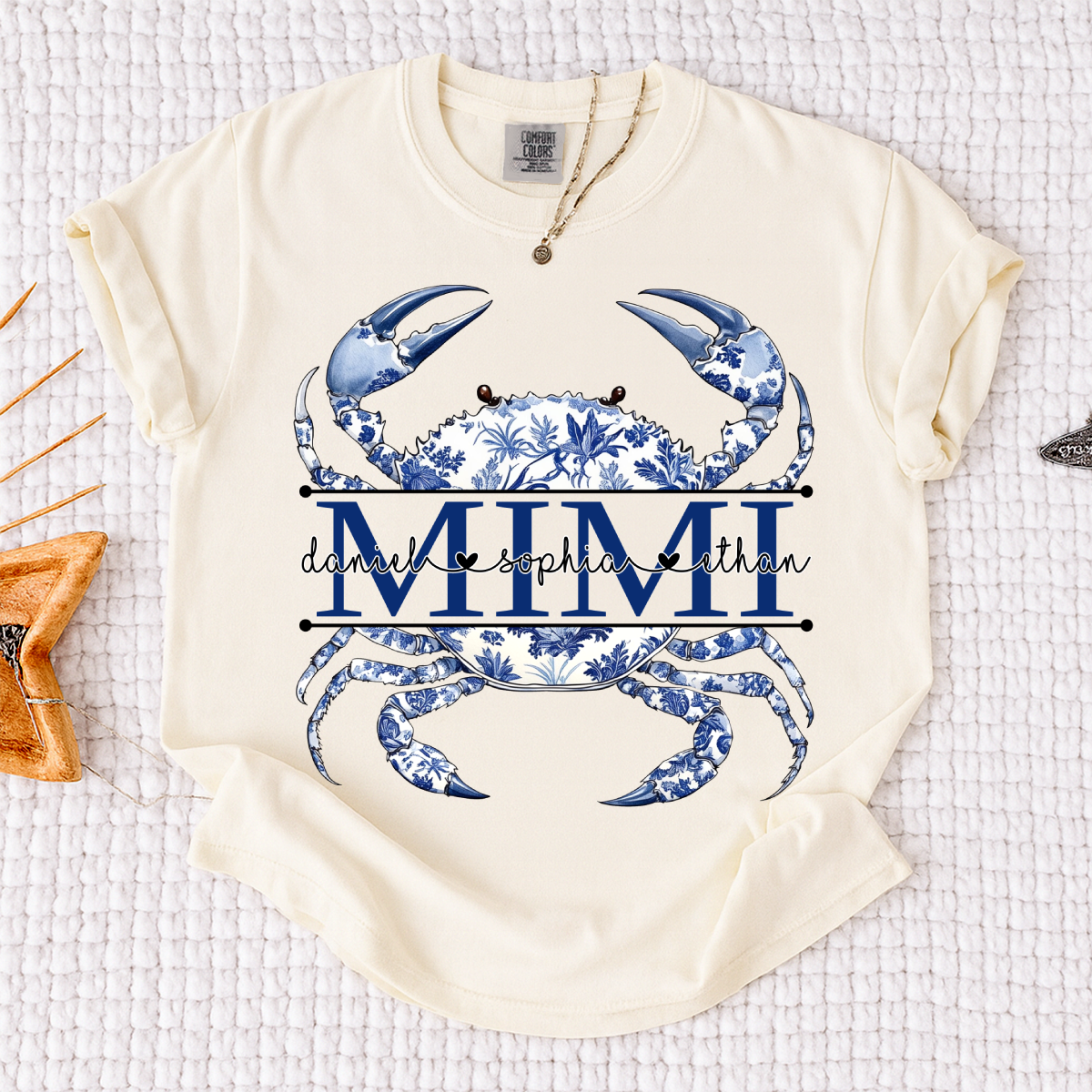 Comfort Colors® Personalized Mimi Shirt, Blue Ocean Crab Graphic Tee, Custom Grandkids Names T Shirt, Cute Coastal Family Gift