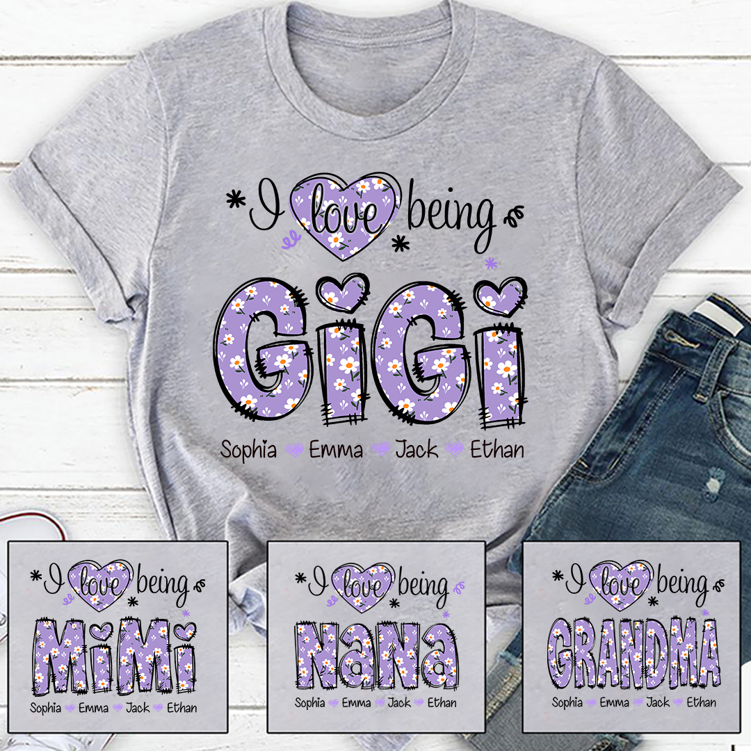 Gigi Flower Purple Gift For Family, Custom Grandma And Grandkids T-Shirt