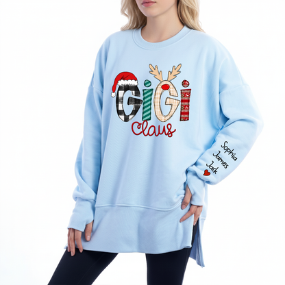 Personalized Gigi Claus Oversized Sweatshirt for Christmas – Custom Name Sleeve, Cozy Thumbhole Long Sleeve Holiday Pullover for Proud Gigi