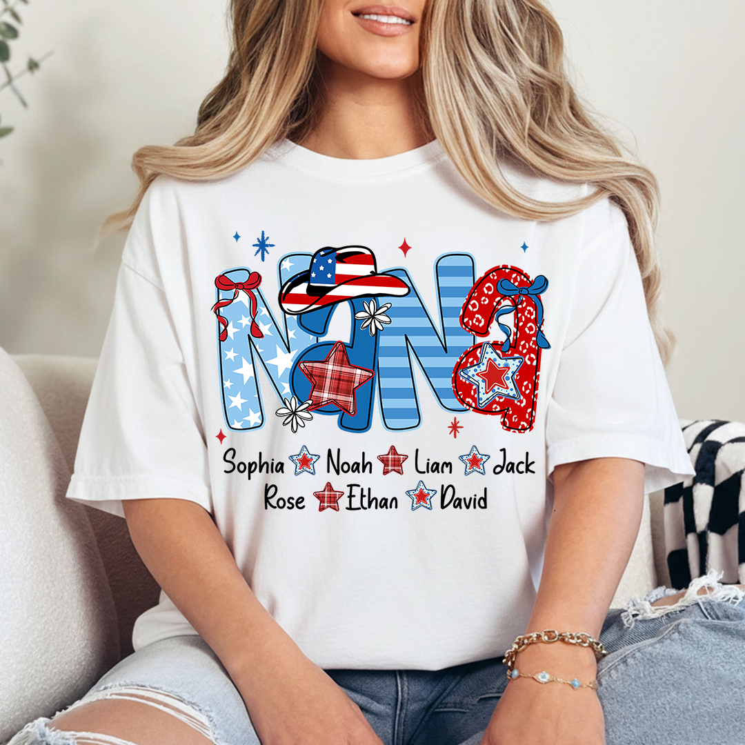 Custom Nana 4th July Independence Day American Flag T-Shirt For Grandma, Personalized Gift For Grandma And Kids