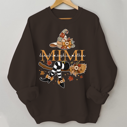 Personalized Halloween Mimi Sweatshirt, Witch Hat Pumpkin Floral Sweatshirt, Custom Kids Names Grandma Fall Outfit
