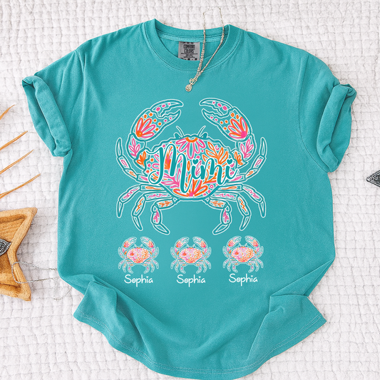 Comfort Colors Personalized Floral Crab Shirt for Women – Custom Name Cancer Zodiac Graphic Tee, Cute Beach Summer T-Shirt