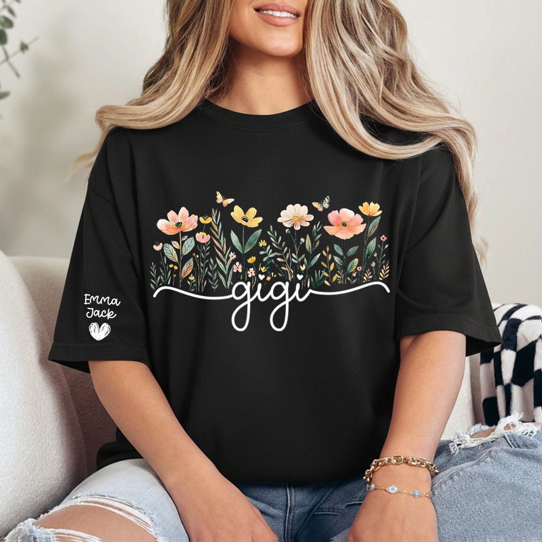 Gigi Floral Shirt, Personalized Grandma Tee with Family Names, Flower Garden Graphic T Shirt, Gift for Gigi from Grandchildren