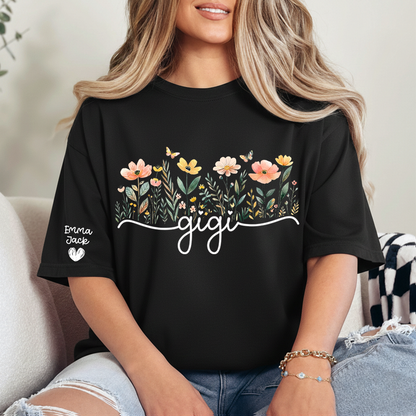 Gigi Floral Shirt, Personalized Grandma Tee with Family Names, Flower Garden Graphic T Shirt, Gift for Gigi from Grandchildren