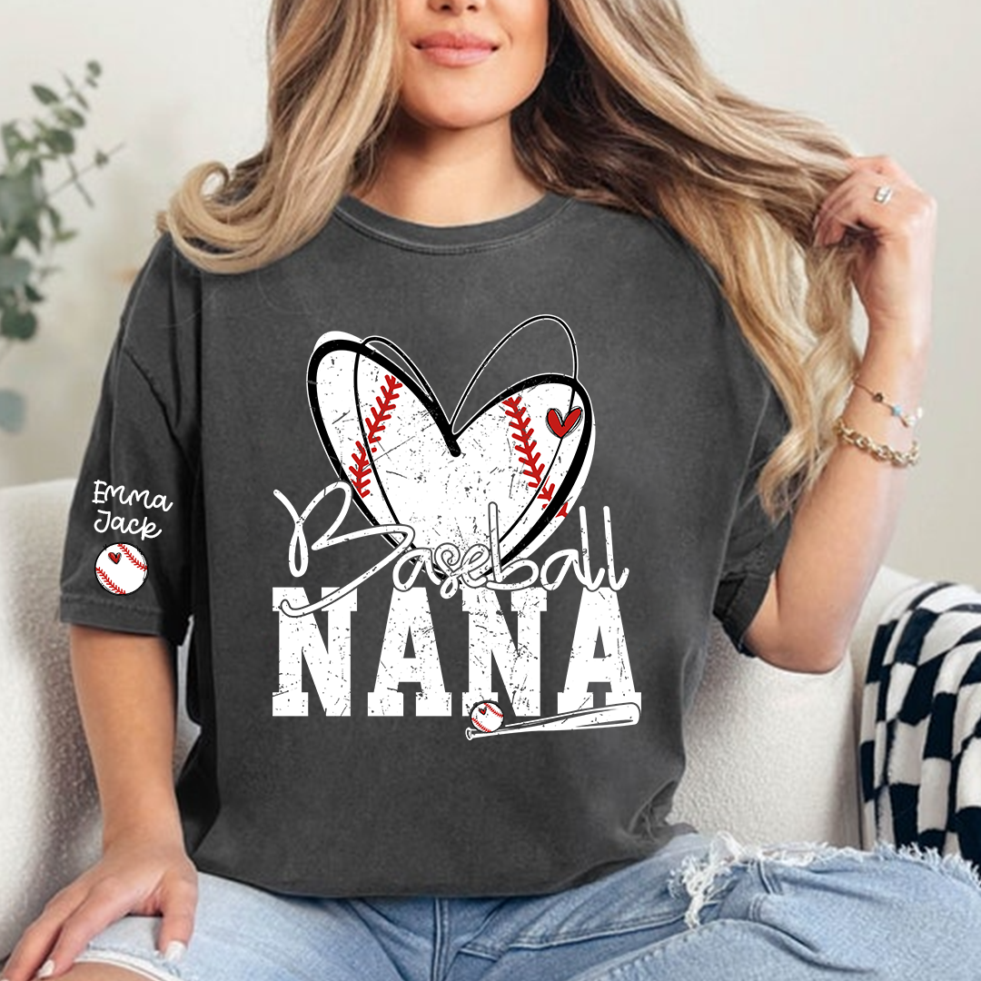 Baseball Nana Shirt, Personalized Family T Shirt with Custom Grandkids Names and Heart Design