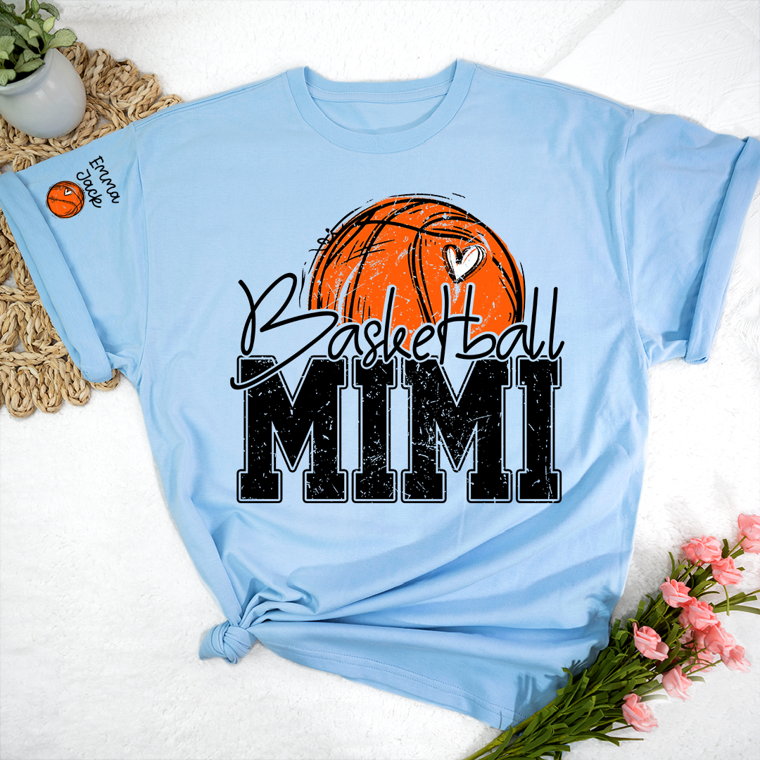 Custom Basketball Mimi Shirt with Heart and Ball Graphic, Personalized Family Names