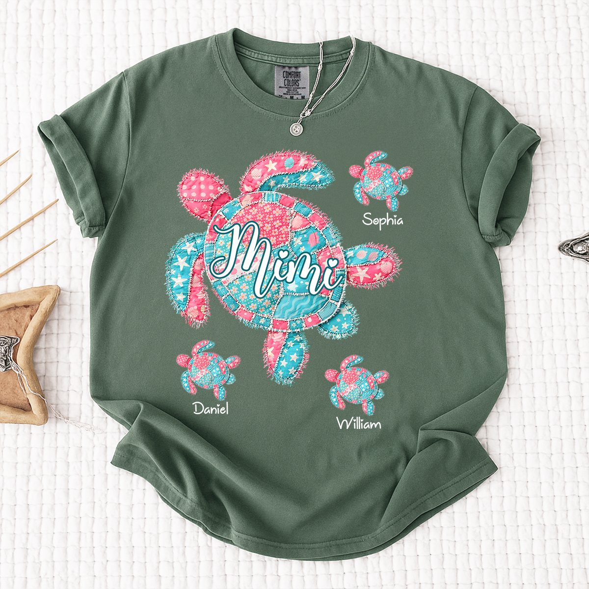 Comfort Colors Mimi Sea Turtle Shirt, Personalized Grandchildren Names T-Shirt, Coastal Grandma Beach Vacation Family Tee