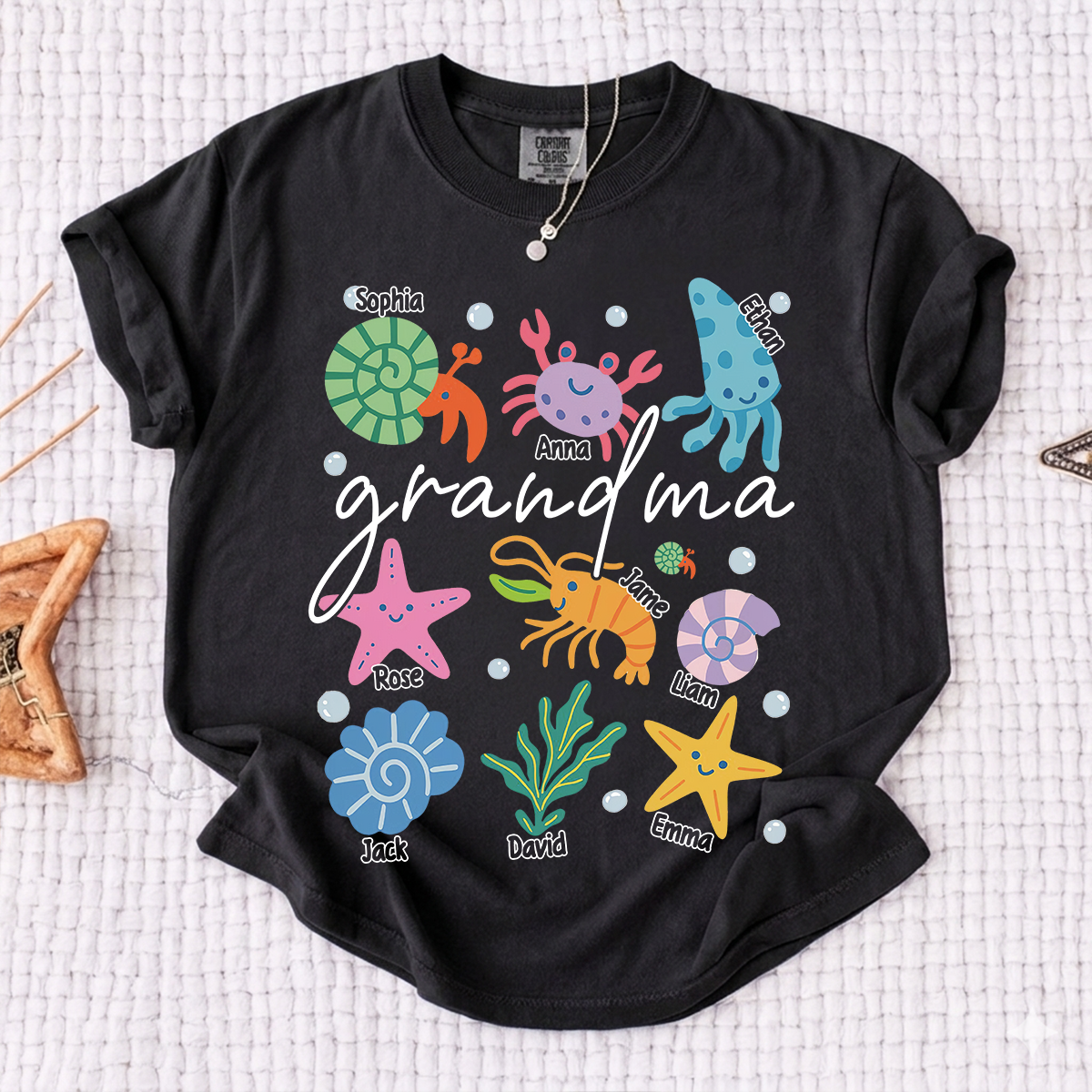 Comfort Colors® Personalized Grandma Sea Animals Shirt, Custom Grandkids Names Tee, Coastal Grandma Ocean Life T Shirt, Beach Gift for Grandma
