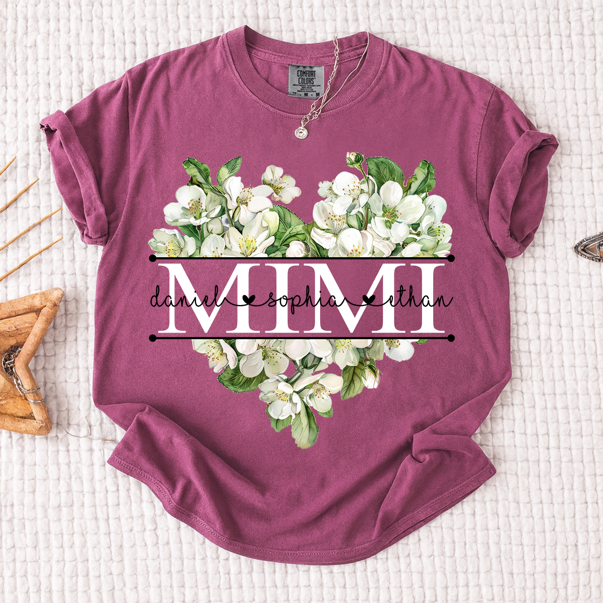 Comfort Custom Mimi T Shirt with Grandkids Names, White Floral Heart Family Tee