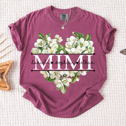 Comfort Custom Mimi T Shirt with Grandkids Names, White Floral Heart Family Tee