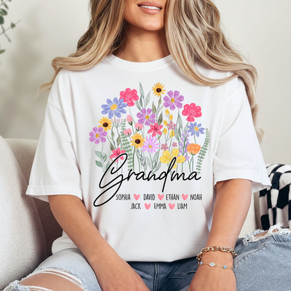 Personalized Grandma Floral Shirt, Custom Family Names T-Shirt with Wildflower Design