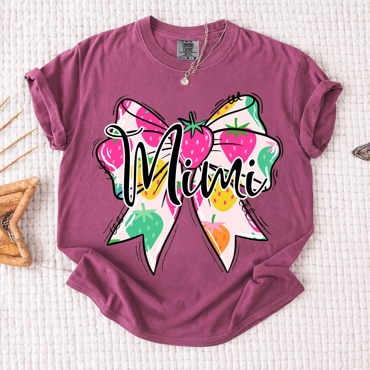 Comfort Colors® Mimi Strawberry Bow Shirt, Cute Grandma Bow Shirt for Women, Fruit Pattern Mimi Tee, Gift for Mimi And Kids