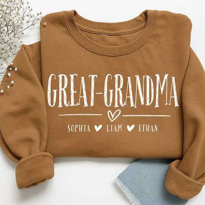 Personalized Great-Grandma Heart Sweatshirt, Customized Gifts for Grandma and Kids