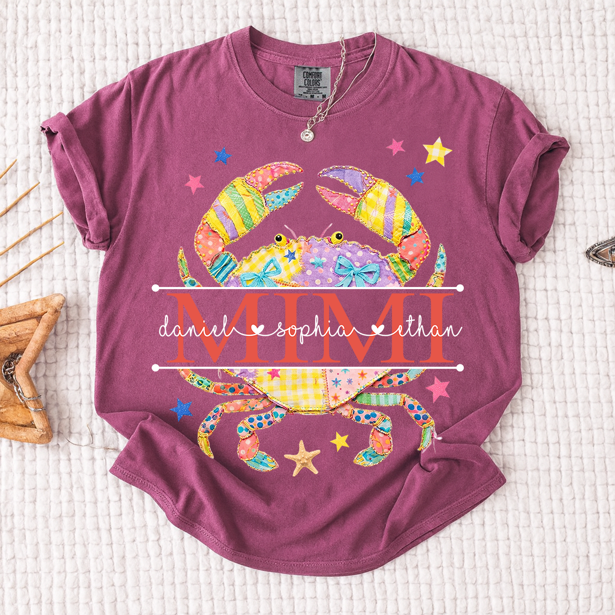 Comfort Colors® Personalized Mimi Crab Shirt with Grandkids Names, Coastal Grandma Tee, Custom Beach Crab Graphic T Shirt, Gift for Mimi from Grandchildren