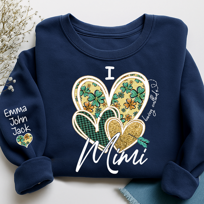 I Love to Be Called Mimi Heart Design Sweatshirt For St. Patrick's Day, Personalized Clover Design Sweatshirt for Grandma with Grandchildren's Names