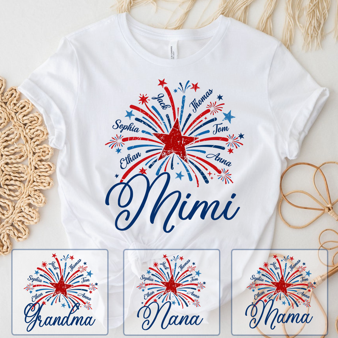 Mimi USA Fireworks Shirt, Custom Family Names for 4th of July or Independence Day Celebration