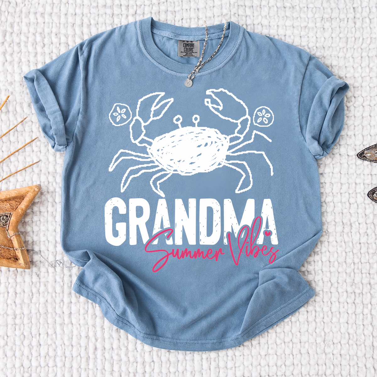 Personalized Grandma Summer Crab T Shirt, Custom Family Names Tee, Cute Crab Beach Graphic Shirt, Gift for Nana and Grandma