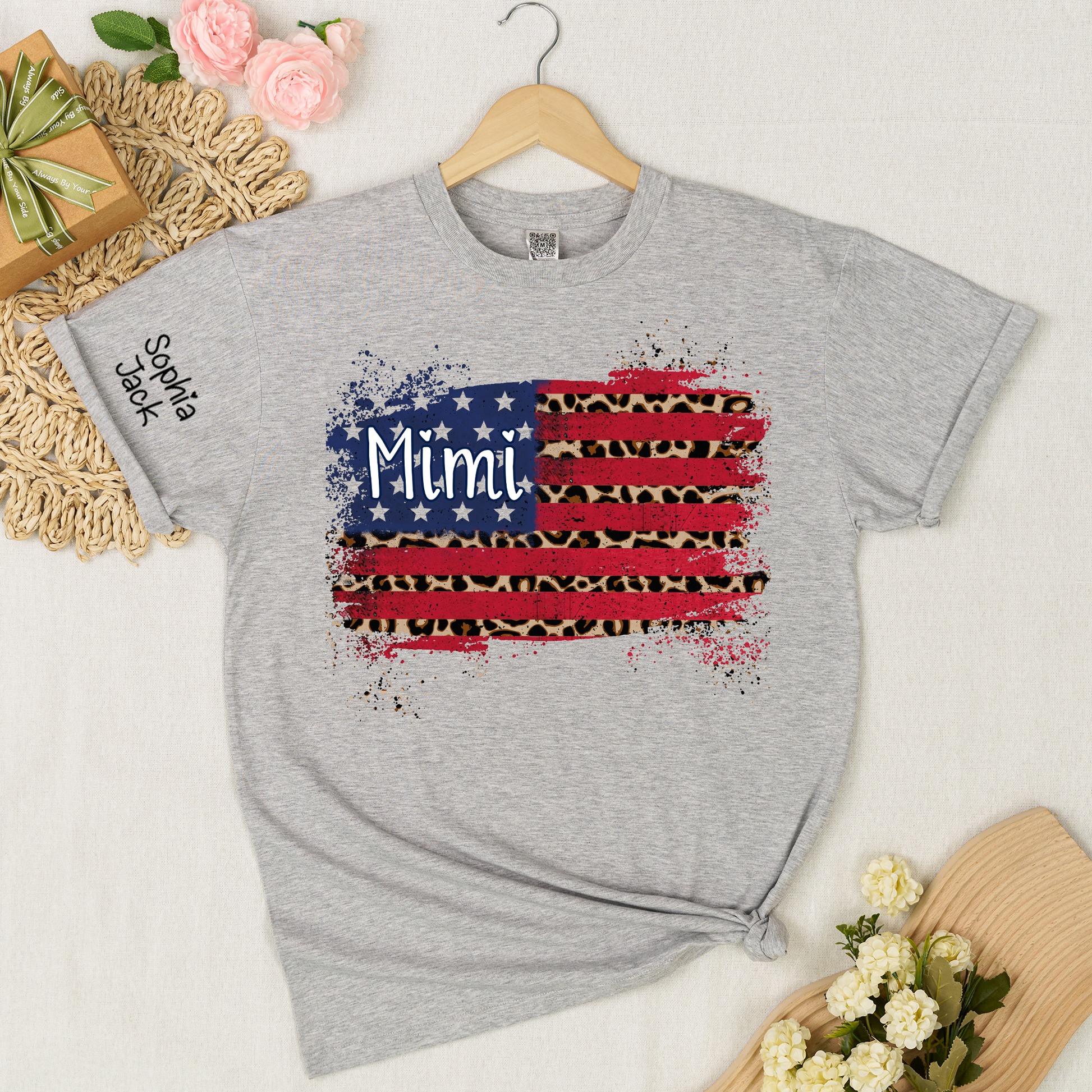 Personalized Mimi American Flag Shirt Leopard USA Flag Custom Kids Names T Shirt Patriotic Grandma Gift Fourth of July Family Matching Tee