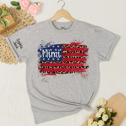 Personalized Mimi American Flag Shirt Leopard USA Flag Custom Kids Names T Shirt Patriotic Grandma Gift Fourth of July Family Matching Tee