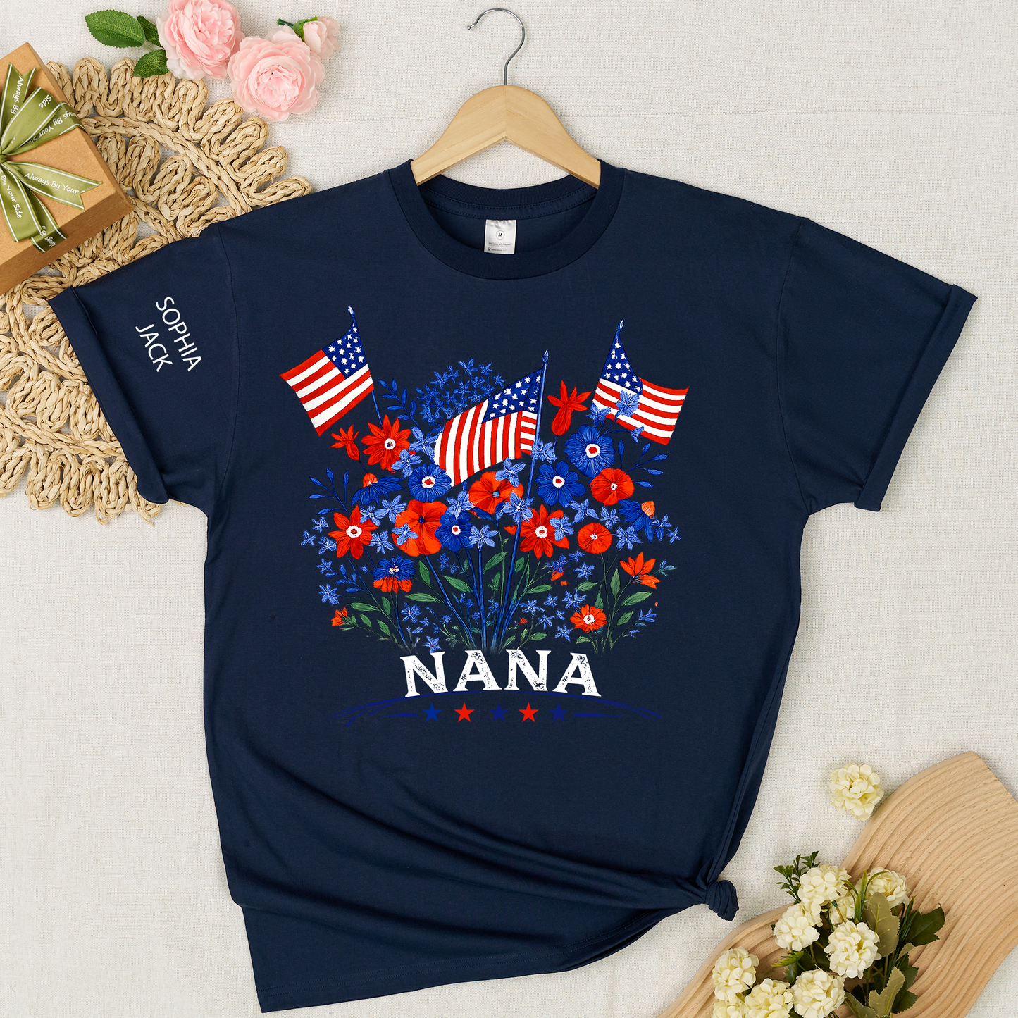 Personalized Nana Shirt Patriotic Floral American Flag Design Custom Grandma Mimi Gigi Name Tee with Grandkids Names Family 4th of July Outfit