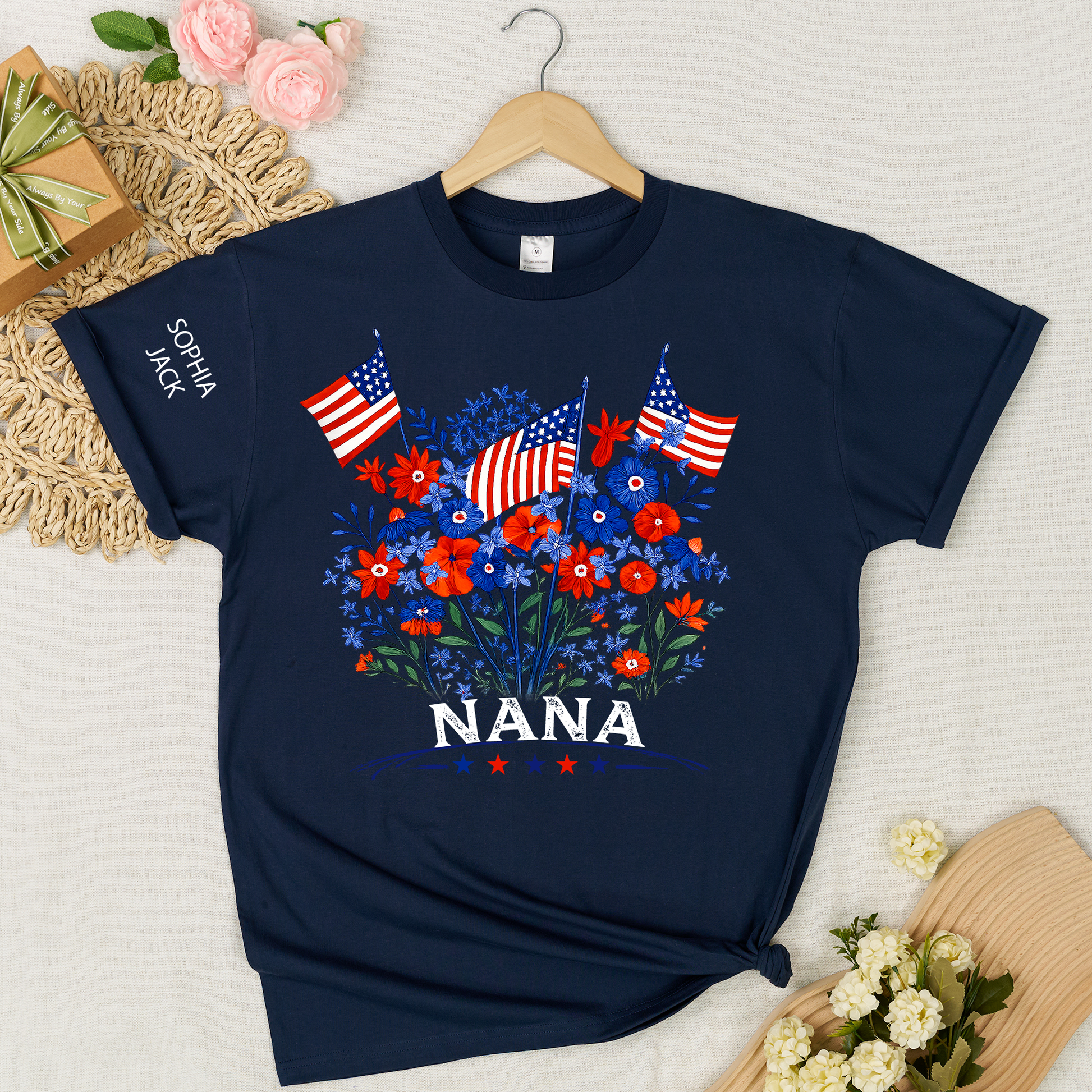 Personalized Nana Shirt Patriotic Floral American Flag Design Custom Grandma Mimi Gigi Name Tee with Grandkids Names Family 4th of July Outfit