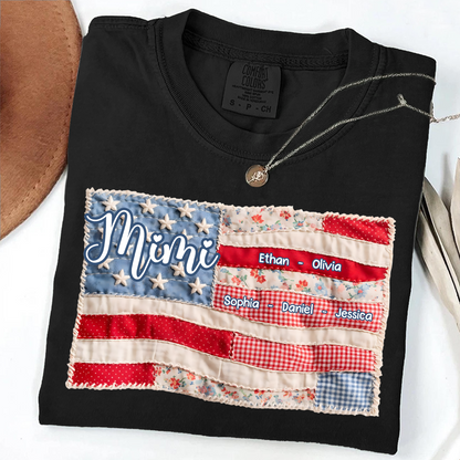 Comfort Colors Personalized Mimi Shirt with Family Names, Custom American Flag Design, Ideal Gift for Grandmother