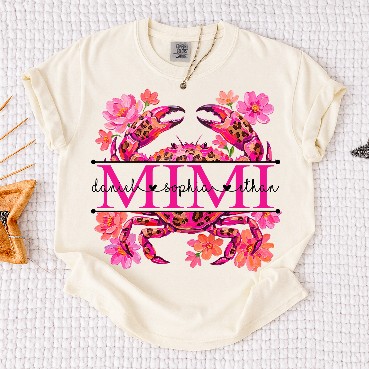 Comfort Colors® Personalized Mimi Crab Shirt with Grandkids Names, Custom Grandma Tee, Floral Leopard Beach Design T Shirt for Mimi Gift