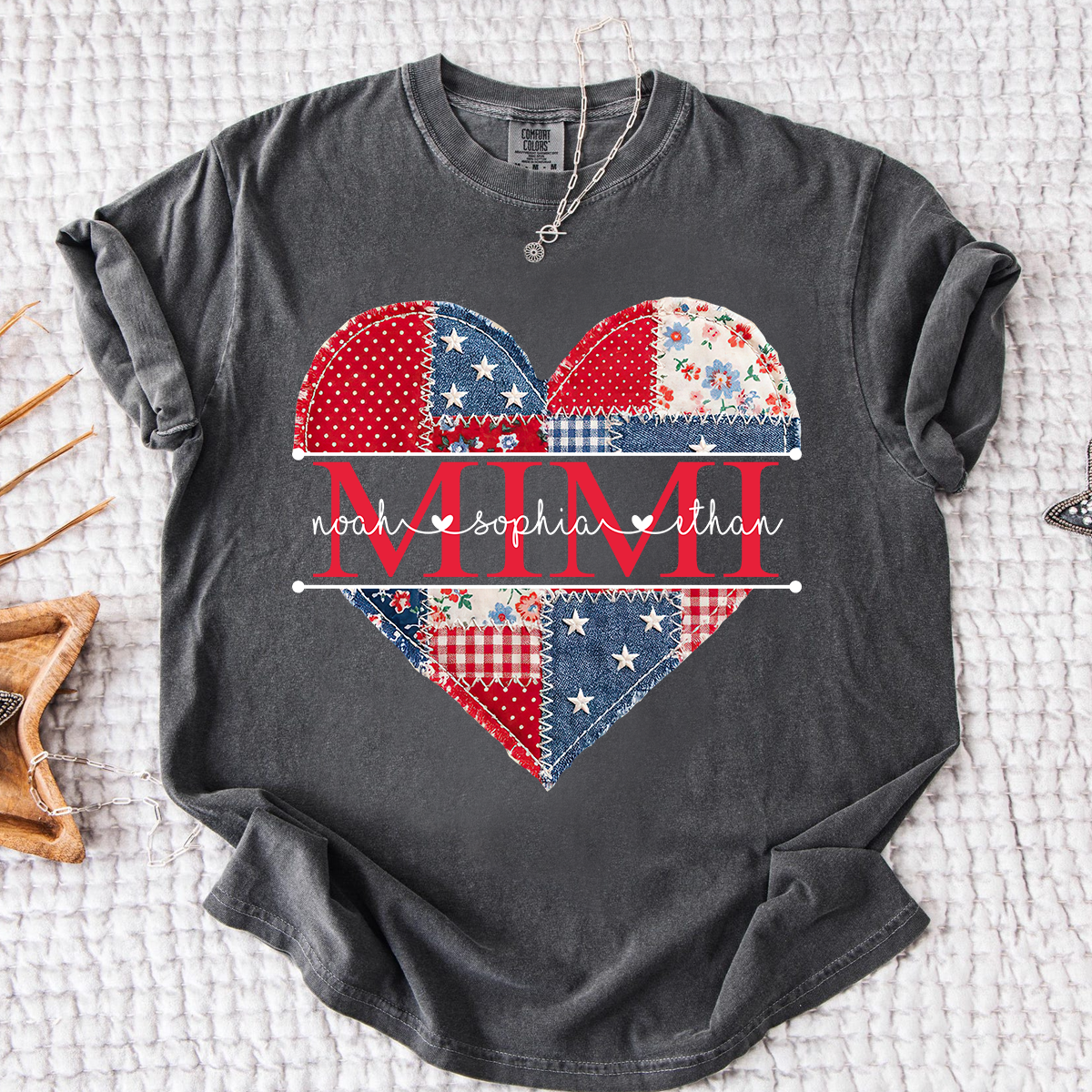 Comfort Colors Personalized Mimi Shirt with Grandkids Names, Patriotic Heart Patchwork Design