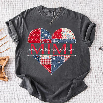 Comfort Colors Personalized Mimi Shirt with Grandkids Names, Patriotic Heart Patchwork Design