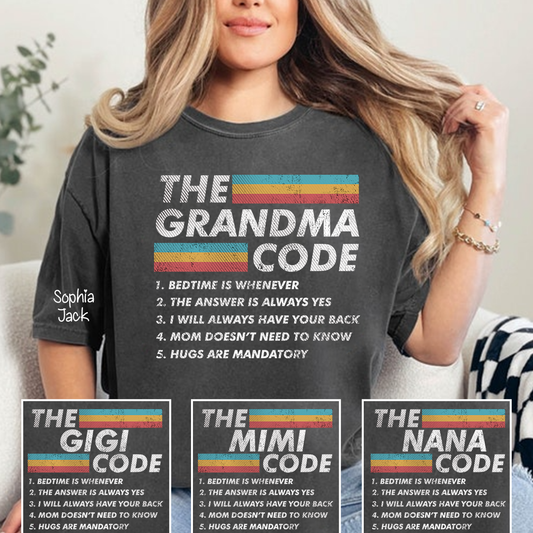 Personalized The Grandma Code" T-Shirt – Personalized Mimi, Gigi, Nana Shirts, Fun Gift for Grandparents, Mother’s Day, Birthday
